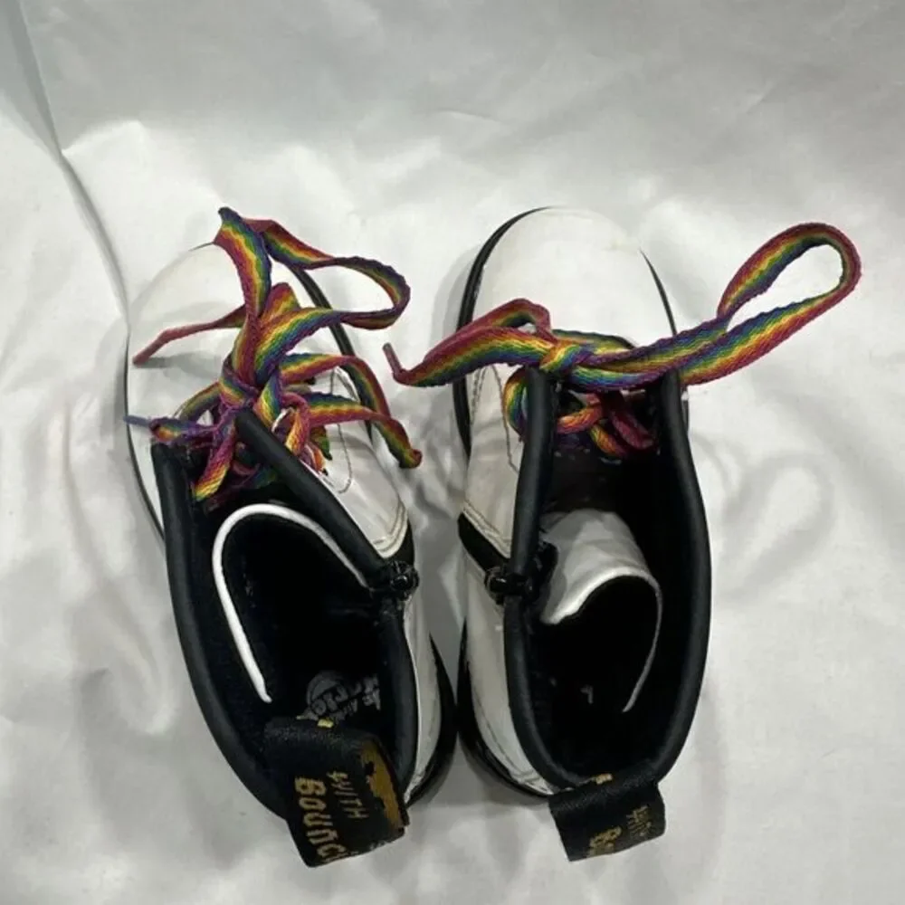 Dr Martens Toddler size 10 White Leather Lace Up Boots Rainbow‎ Laces 1460T
